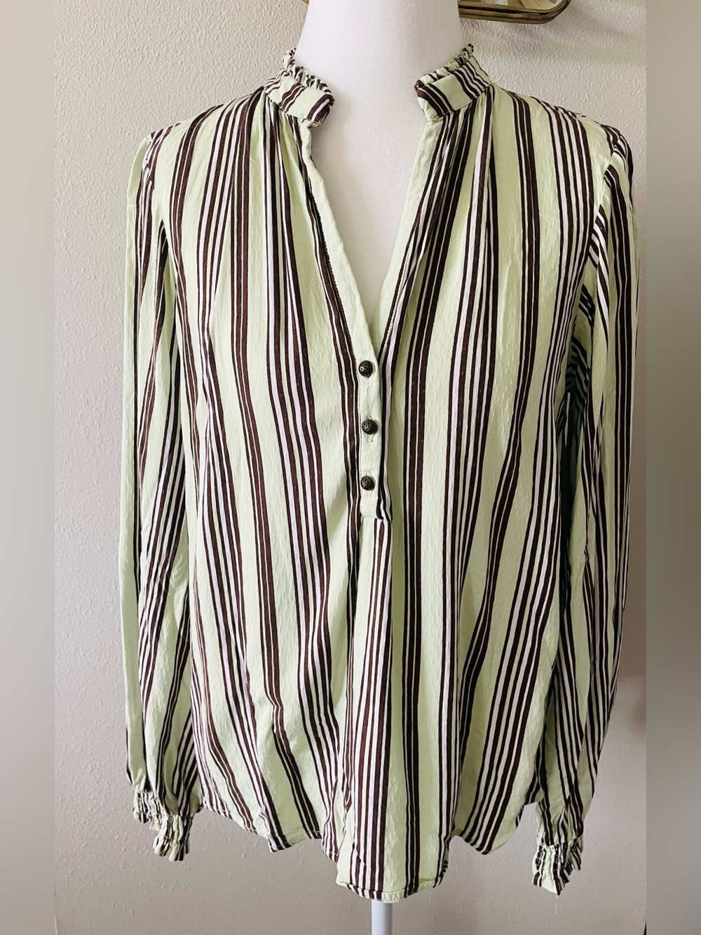 Maeve by Anthropologie Mint Green Striped Long Sleeve Boho Blouse